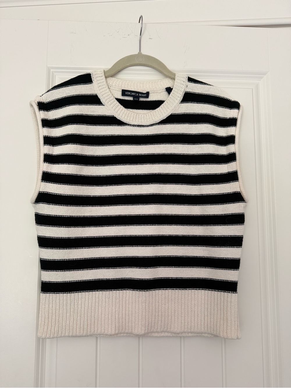Veronica Beard Black and Off White Striped Sleeveless Crew Sweater - Picture 1 of 7